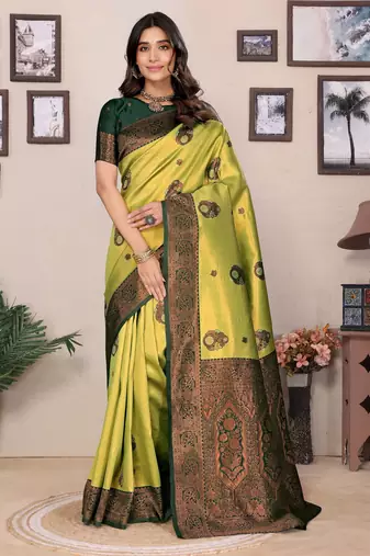 Lemon green  soft silk blend banarasi jacuard work designer party wear saree with unstitched blouse piece