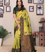 Lemon green  soft silk blend banarasi jacuard work designer party wear saree with unstitched blouse piece