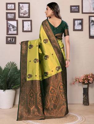 lemon green silk blend banarasi saree with unstitched blouse piece 3