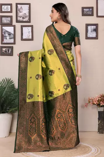 lemon green silk blend banarasi saree with unstitched blouse piece