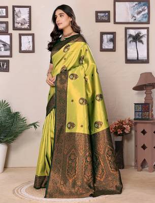 lemon green silk blend banarasi saree with unstitched blouse piece 4