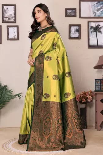 lemon green silk blend banarasi saree with unstitched blouse piece