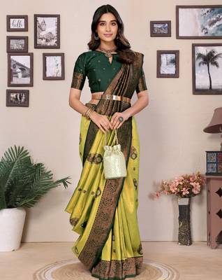lemon green silk blend banarasi saree with unstitched blouse piece 1