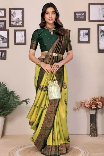 lemon green  soft art silk blend banarasi jacuard work designer party wear saree with unstitched blouse piece