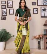 lemon green silk blend banarasi saree with unstitched blouse piece