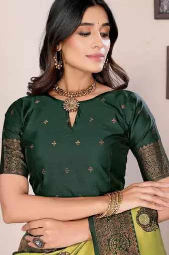 lemon green silk blend banarasi saree with unstitched blouse piece