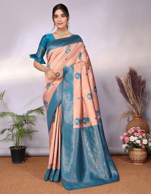 peach rama silk blend banarasi saree with unstitched blouse piece 1