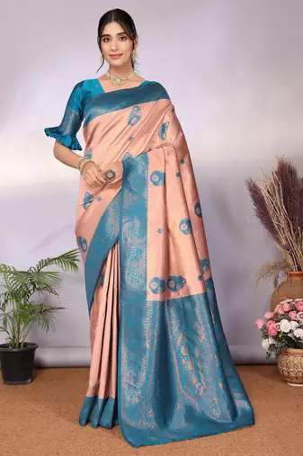 peach rama  soft art silk blend banarasi jacuard work designer party wear saree with unstitched blouse piece