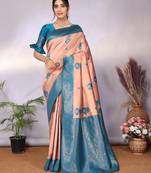 Peach rama  soft silk blend banarasi jacuard work designer party wear saree with unstitched blouse piece