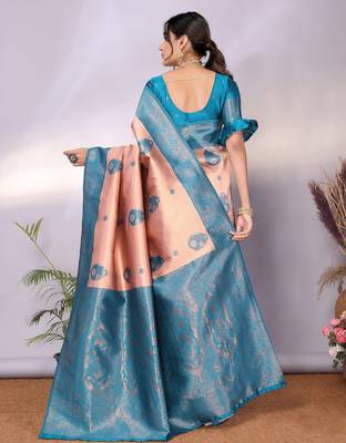 peach rama silk blend banarasi saree with unstitched blouse piece 2