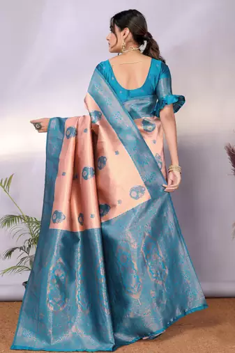 peach rama silk blend banarasi saree with unstitched blouse piece