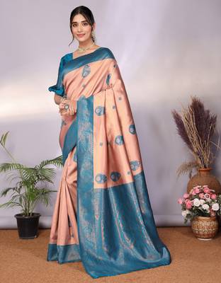 peach rama silk blend banarasi saree with unstitched blouse piece 3