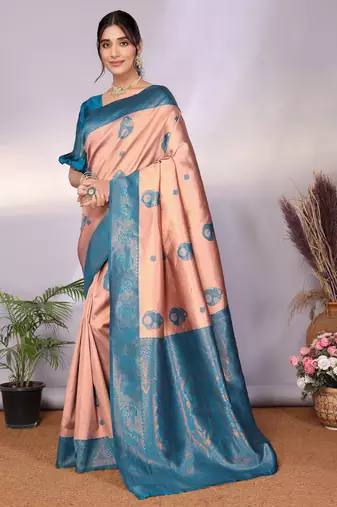 peach rama silk blend banarasi saree with unstitched blouse piece