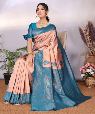 peach rama silk blend banarasi saree with unstitched blouse piece 4