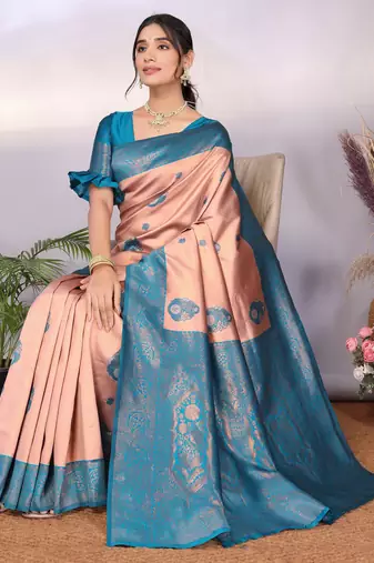 peach rama silk blend banarasi saree with unstitched blouse piece
