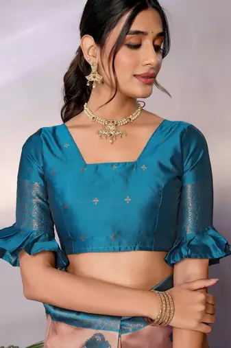 peach rama silk blend banarasi saree with unstitched blouse piece