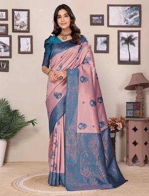 peach sky blue silk blend banarasi saree with unstitched blouse piece 1
