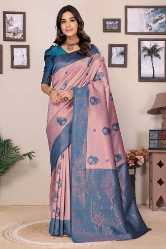 Peach sky blue soft silk blend banarasi jacuard work designer party wear saree with unstitched blouse piece