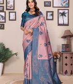 Peach sky blue soft silk blend banarasi jacuard work designer party wear saree with unstitched blouse piece