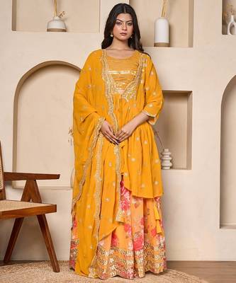 mustard georgette lehenga choli set with cape dupatta 1