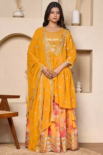mustard georgette lehenga choli set with cape dupatta