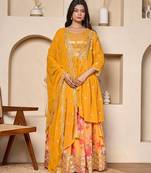 mustard georgette lehenga choli set with cape dupatta