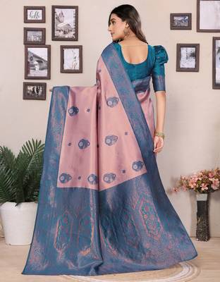 peach sky blue silk blend banarasi saree with unstitched blouse piece 2