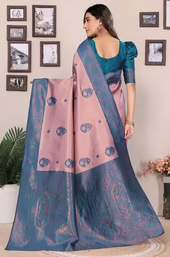 peach sky blue silk blend banarasi saree with unstitched blouse piece