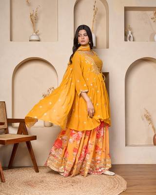 mustard georgette lehenga choli set with cape dupatta 2