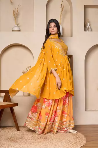 mustard georgette lehenga choli set with cape dupatta