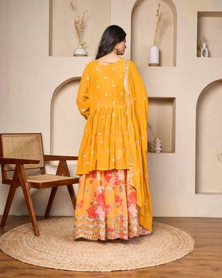 mustard georgette lehenga choli set with cape dupatta 3