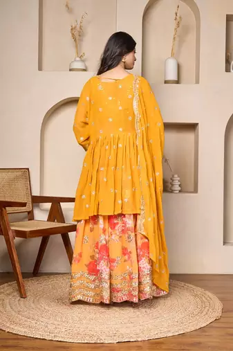 mustard georgette lehenga choli set with cape dupatta