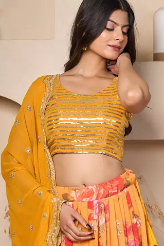 mustard georgette lehenga choli set with cape dupatta