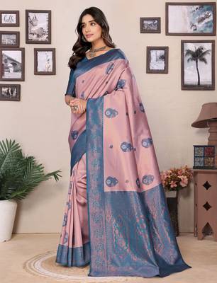 peach sky blue silk blend banarasi saree with unstitched blouse piece 3