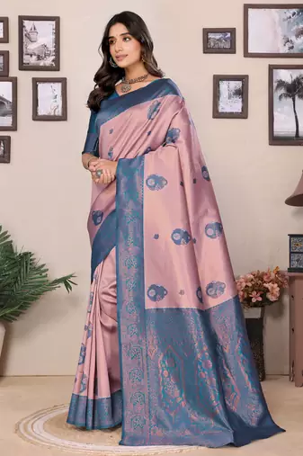 peach sky blue silk blend banarasi saree with unstitched blouse piece