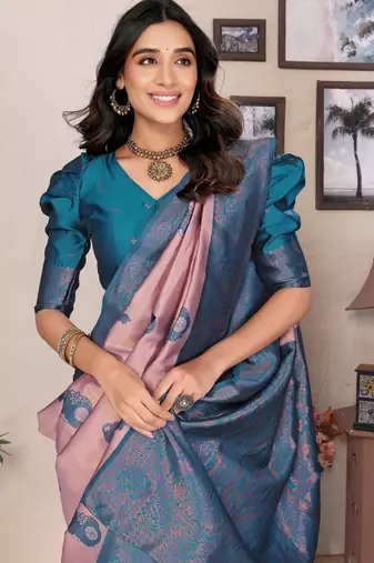 peach sky blue silk blend banarasi saree with unstitched blouse piece