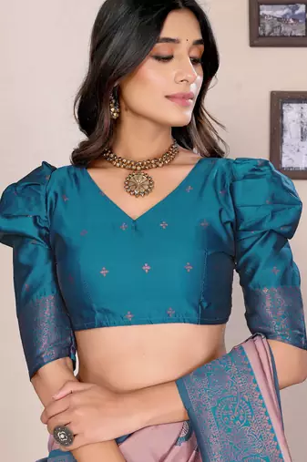 peach sky blue silk blend banarasi saree with unstitched blouse piece