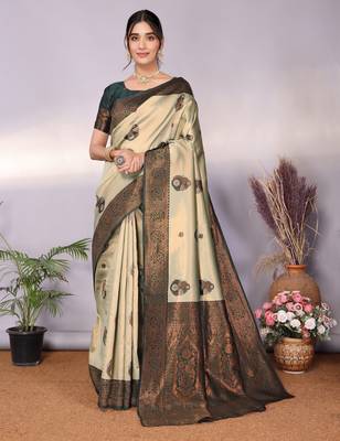 pista green silk blend banarasi saree with unstitched blouse piece 1
