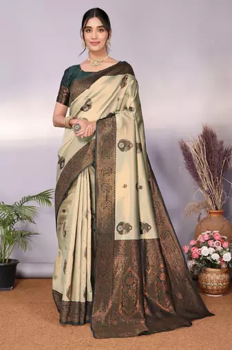 pista green soft art silk blend banarasi jacuard work designer party wear saree with unstitched blouse piece