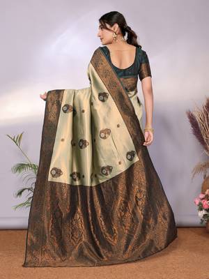 pista green silk blend banarasi saree with unstitched blouse piece 2