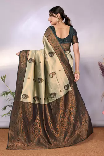 pista green silk blend banarasi saree with unstitched blouse piece