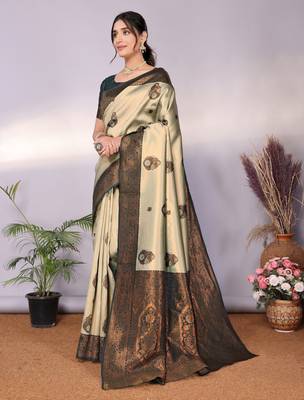 pista green silk blend banarasi saree with unstitched blouse piece 3