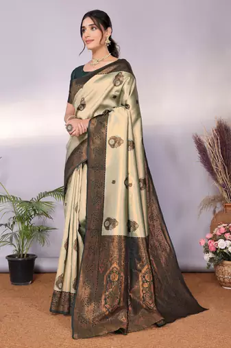 pista green silk blend banarasi saree with unstitched blouse piece