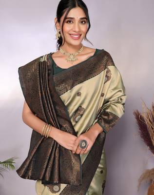 pista green silk blend banarasi saree with unstitched blouse piece 4