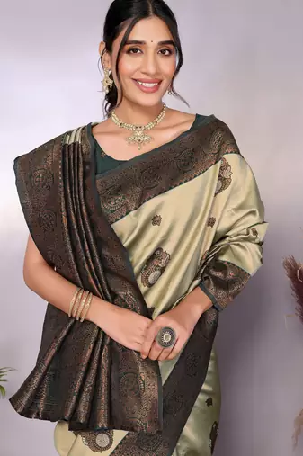pista green silk blend banarasi saree with unstitched blouse piece