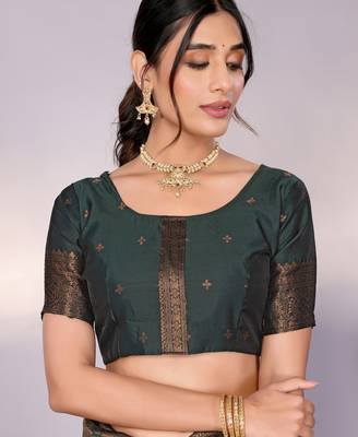 pista green silk blend banarasi saree with unstitched blouse piece 5