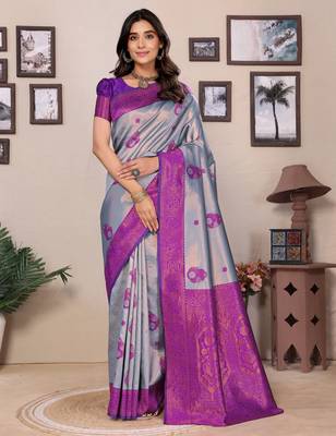 sky blue purple silk blend banarasi saree with unstitched blouse piece 1