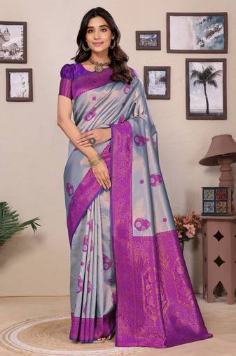 sky blue purple  soft art silk blend banarasi jacuard work designer party wear saree with unstitched blouse piece