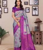 Sky blue purple  soft silk blend banarasi jacuard work designer party wear saree with unstitched blouse piece