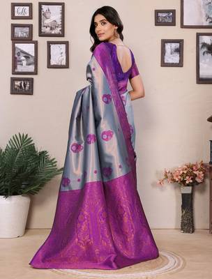 sky blue purple silk blend banarasi saree with unstitched blouse piece 2